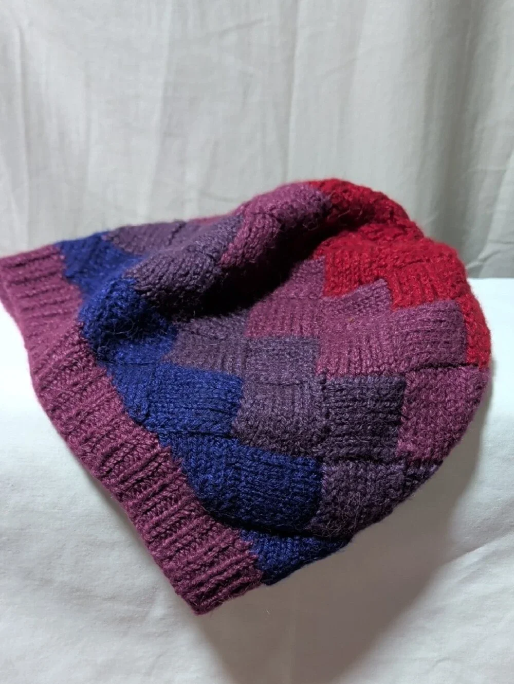 Entrelac Hand-Knit Purple Plaid Beanie - Women's Winter Hat Slouchy Warm Wear